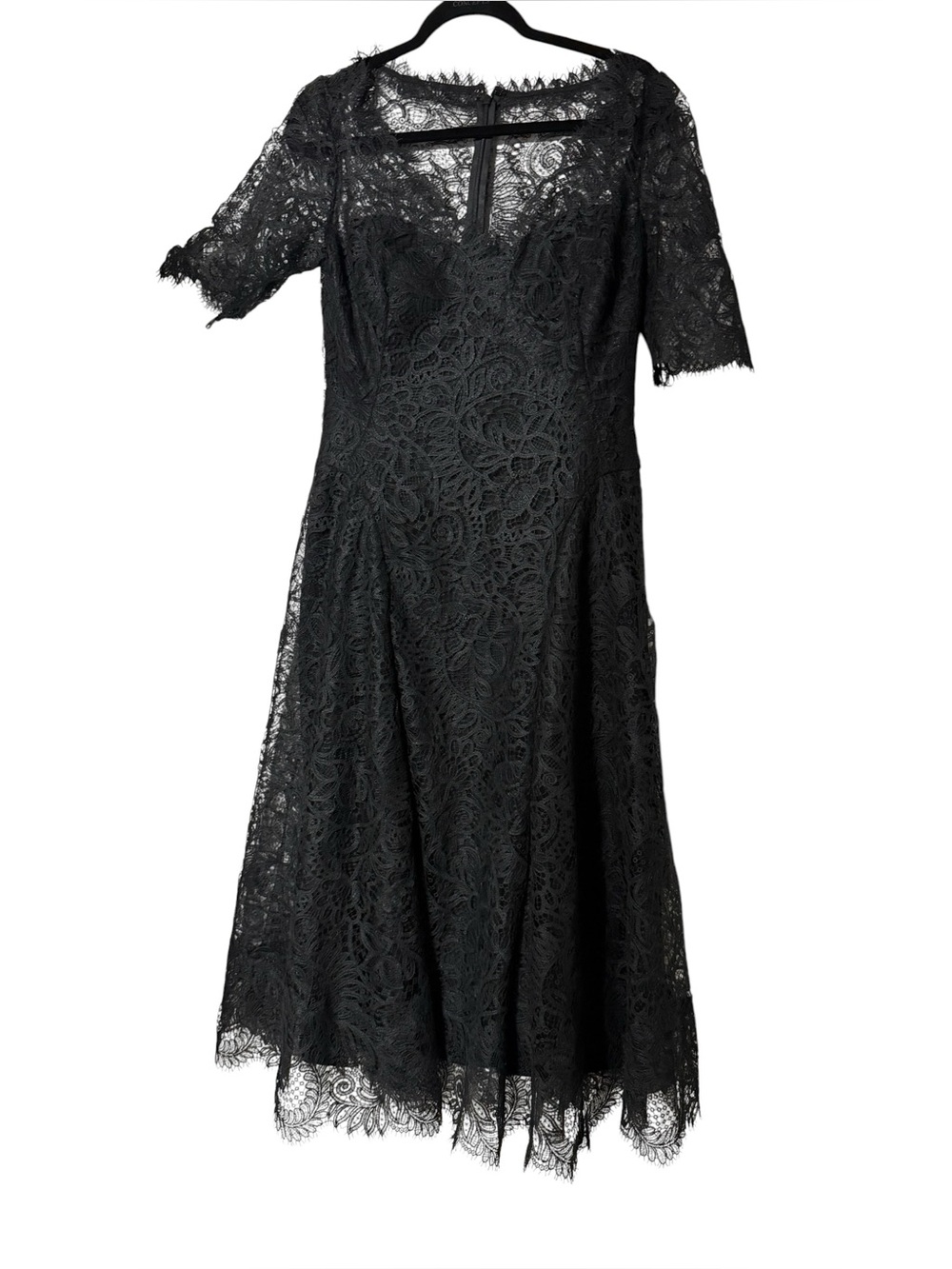 RICKIE FREEMAN FOR TERI JON Black A-Line Scalloped Lace Midi Dress Size 8 - Picture 4 of 7